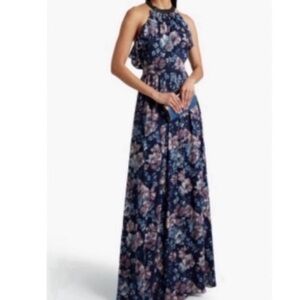 ✅ Marchesa Notte Gown Lace Trimmed Crepe De Chine in Blue Purple Floral